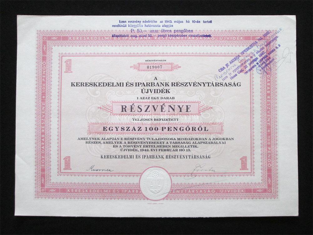 Kereskedelmi és Iparbank részvény 100 pengõ 1942 Újvidek (SRB)